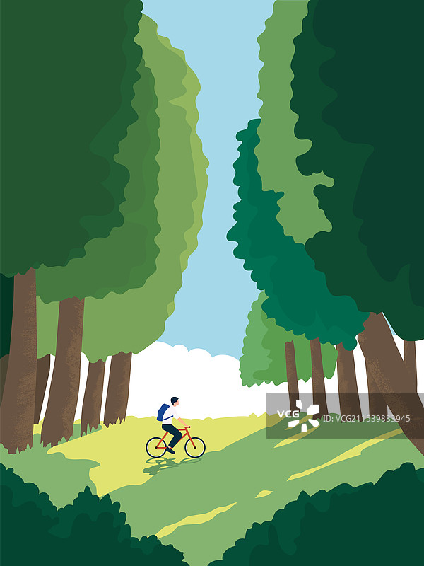 一个人在晴朗的森林里骑行图片素材