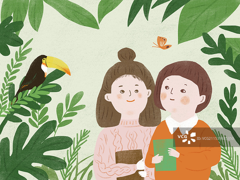植物园自然世界里的小姐妹手绘插画图片素材