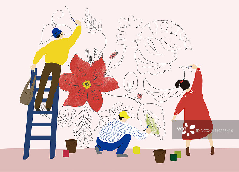 描绘美好的小伙伴手绘插画图片素材