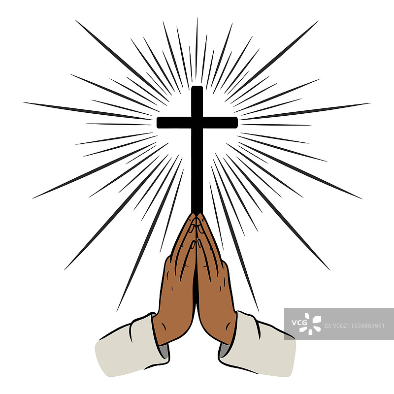 在光辉十字架下的祈祷双手图片素材