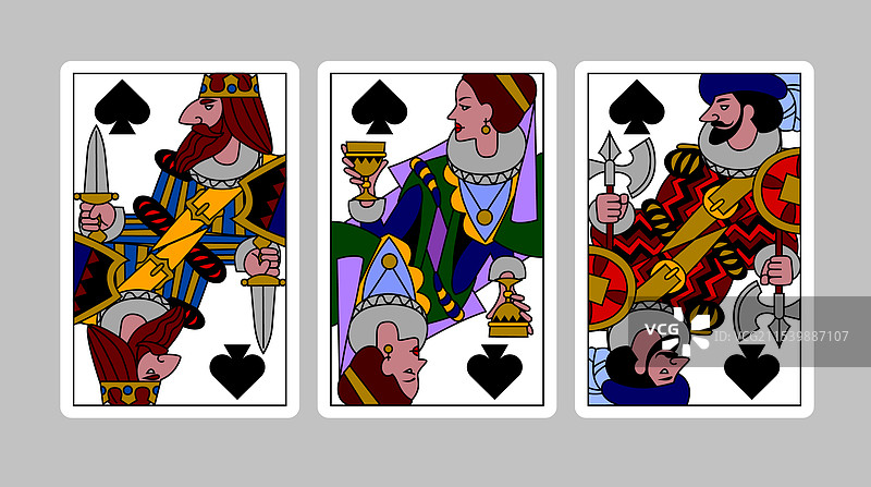 黑桃花色的扑克牌，包括国王、皇后和杰克图片素材