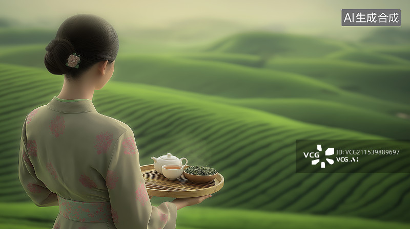 【AI数字艺术】一个美女端着茶盘走在茶园内图片素材