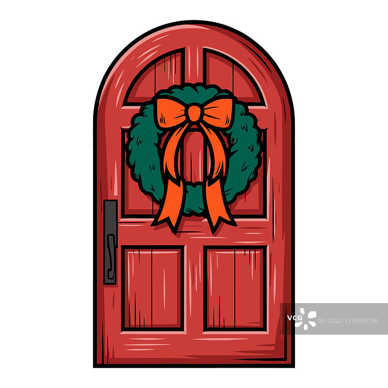 红色木门上挂着圣诞花环图片素材