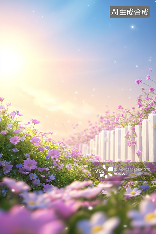 【AI数字艺术】春天晚霞下的浪漫花海，情人节520背景图片素材