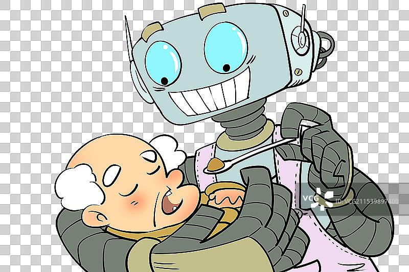 机器人保姆在给老年人喂吃的卡通漫画元素图片素材