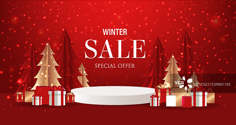 冬季促销海报，展示了松树和礼物的讲台图片素材