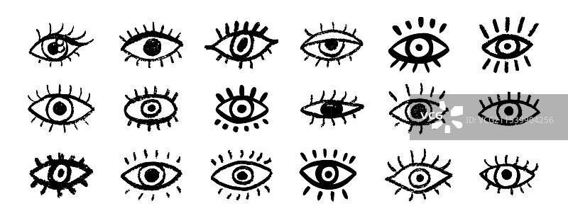 涂鸦风格的黑色破旧眼睛手绘图标集图片素材