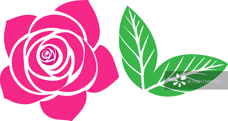 简单的粉色玫瑰图标，带有绿色叶子，孤立展示图片素材