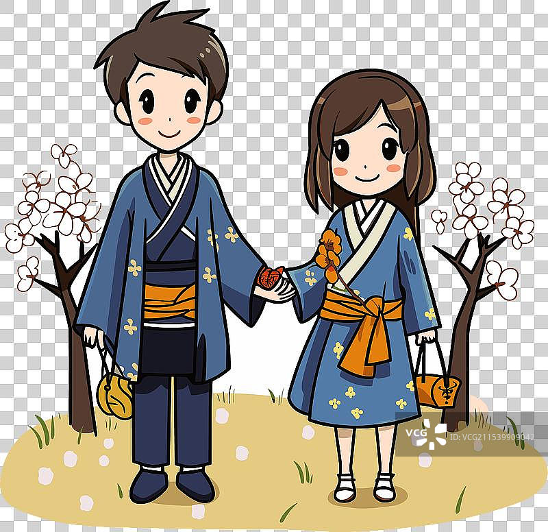 手绘漫画中的日本情侣图片素材