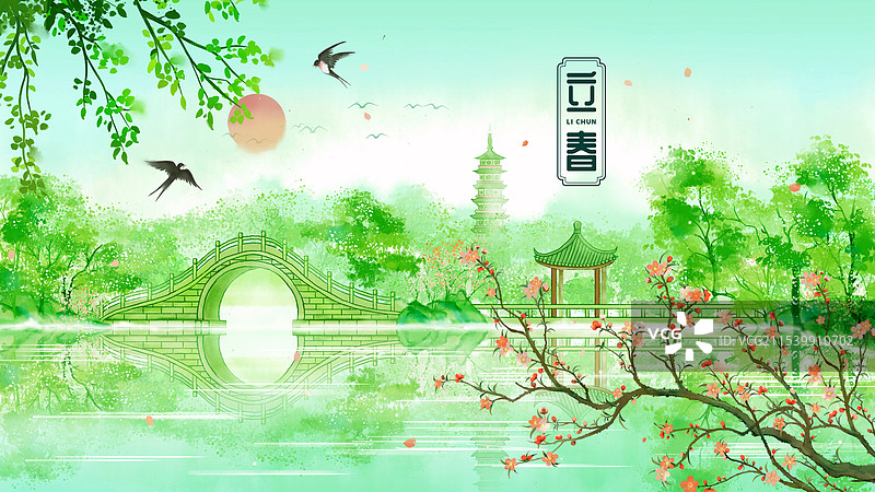 扬州瘦西湖春天桃花燕子国风插画图片素材