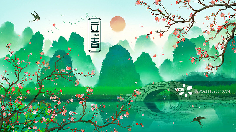 广西桂林乡村桃花燕子山水画图片素材