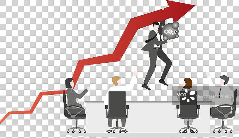 一位商人悬挂着一根上升的红色箭头，旁边有二氧化碳当量（CO2e）。图片素材