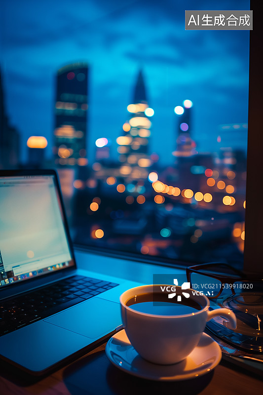 【AI数字艺术】夜晚一台打开的笔记本电脑放在办公桌上，透过窗户可以看到城市的天际线图片素材