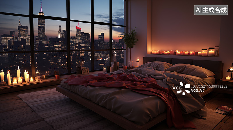 【AI数字艺术】晚安卧室晚上夜晚温馨的灯光背景图片素材