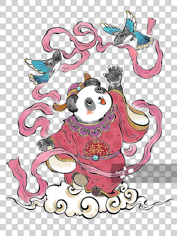 国潮风熊猫IP形象五福临门福禄寿喜财元素图片素材