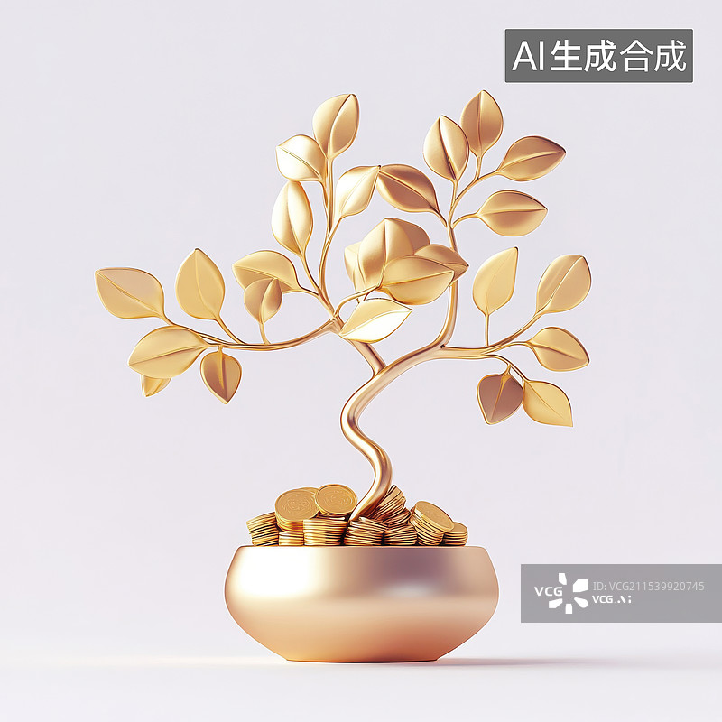 【AI数字艺术】一颗黄金打造的招财树盆栽图片素材