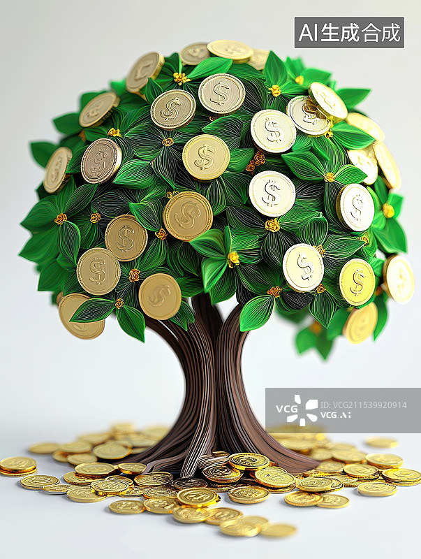 【AI数字艺术】白色背景下的绿色树叶的招财树图片素材