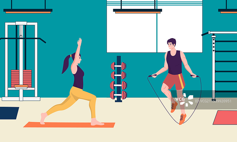 男人在健身房跳绳，女人在练习瑜伽图片素材
