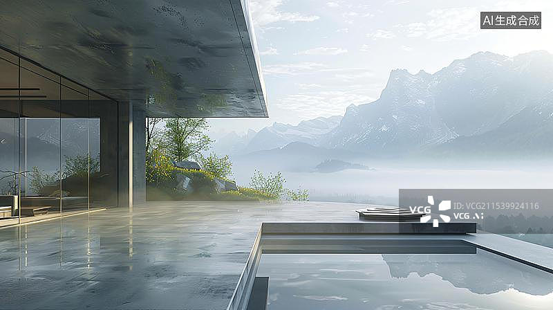 【AI数字艺术】山谷间的现代新中式建筑图片素材