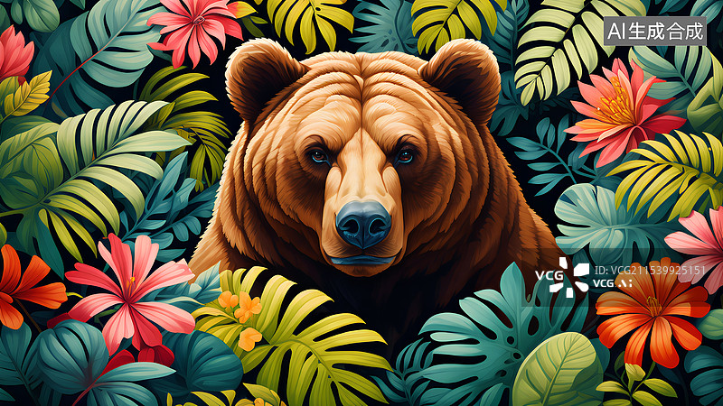 【AI数字艺术】动物主题插画 热带雨林里的棕熊图片素材