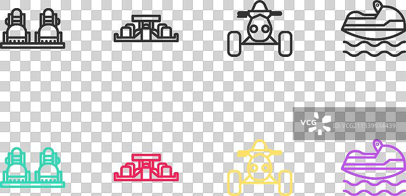 设置滑雪板、一级方程式赛车和全地形车图片素材