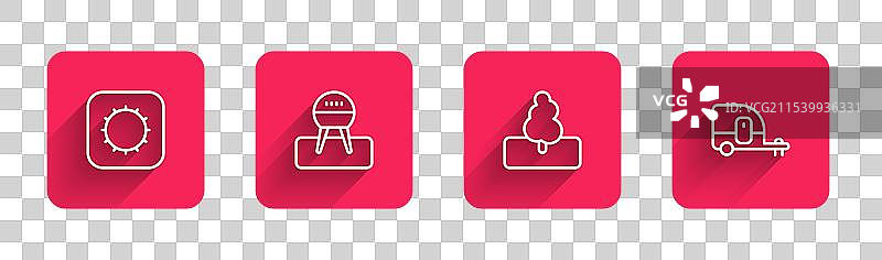 阳光下的烧烤架、树木和房车露营场景图片素材