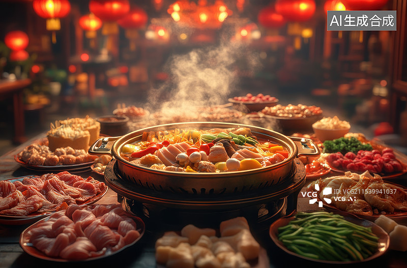 【AI数字艺术】春节团圆年夜饭火锅国潮食物节日美食插图图片素材