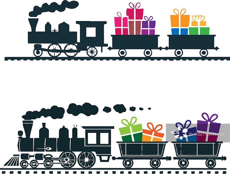 蒸汽火车拉着两个礼物的剪影图片素材