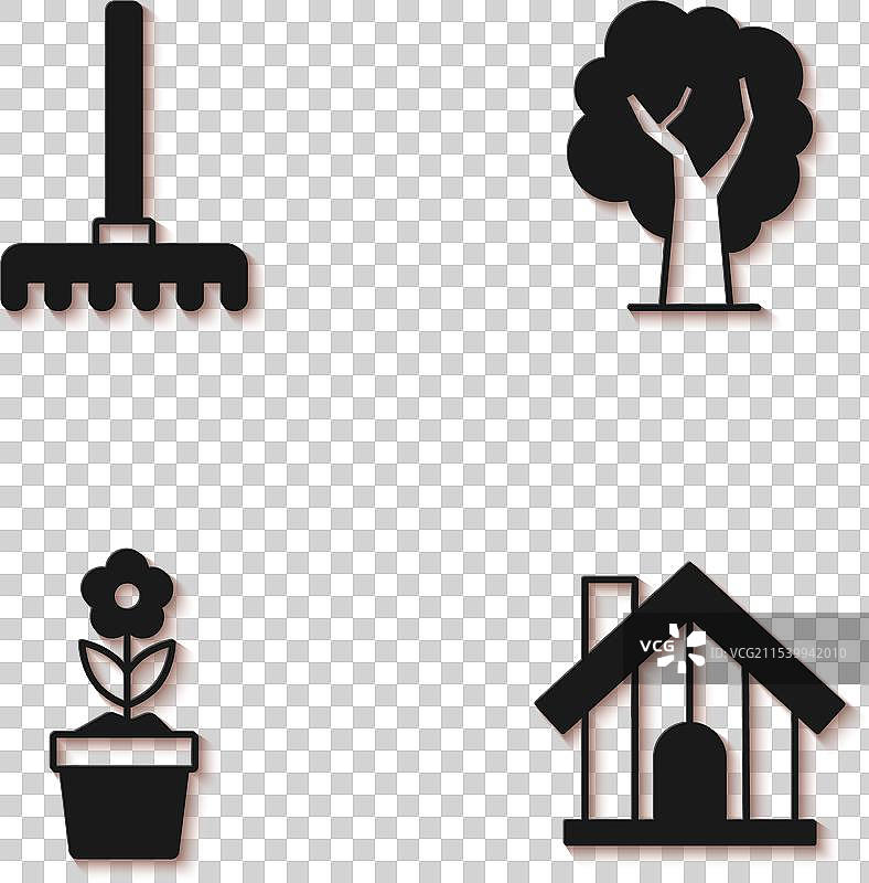 设置花园耙、农舍、花盆中的花和树木图片素材