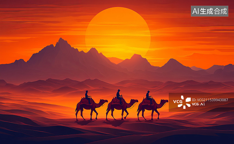 【AI数字艺术】沙漠骆驼队剪影插画图片素材