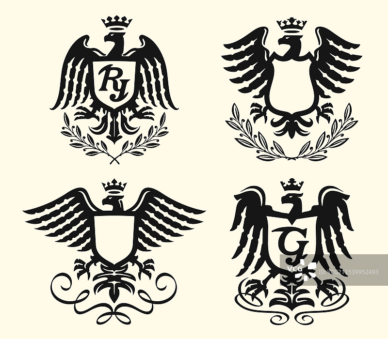 展开翅膀的鹰与盾牌徽章组合图片素材