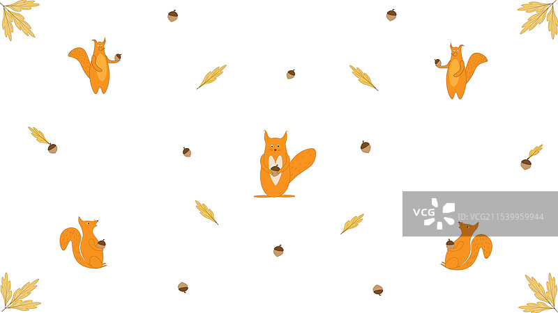 可爱的红松鼠与橡果和橡树叶图片素材