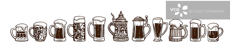 一组手绘的不同款式黑色啤酒杯图片素材