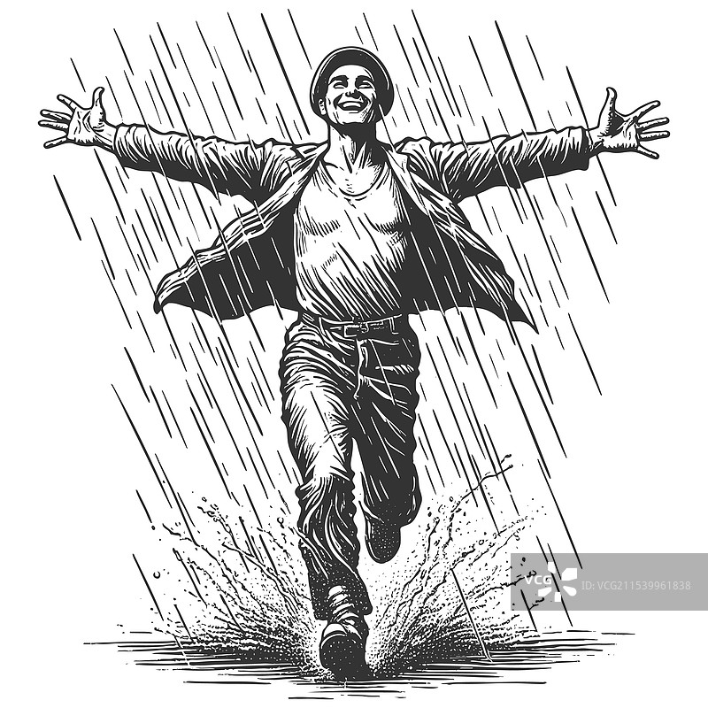 快乐的男人在雨中奔跑的雕刻图片素材
