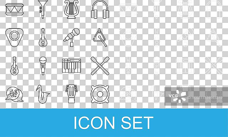 设置立体声扬声器、鼓棒和三角形乐器图片素材