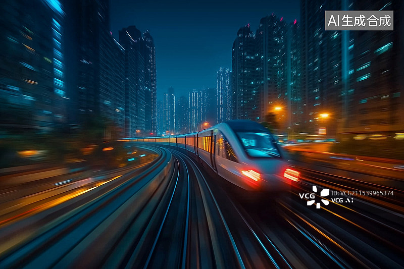 【AI数字艺术】城市中飞驰的地铁夜景图片素材
