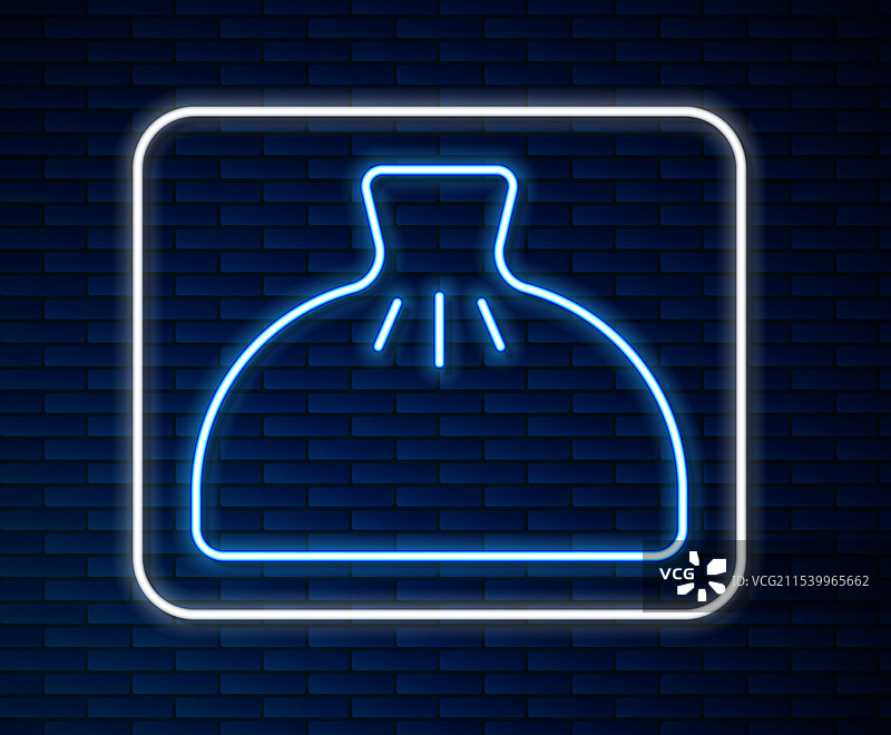 发光的霓虹线饺子图标，孤立在砖墙上图片素材