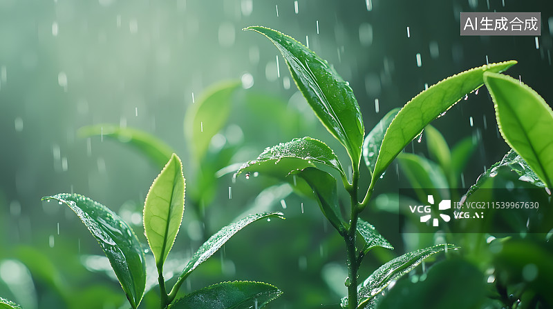 【AI数字艺术】小雨落在刚刚发芽的茶叶上图片素材