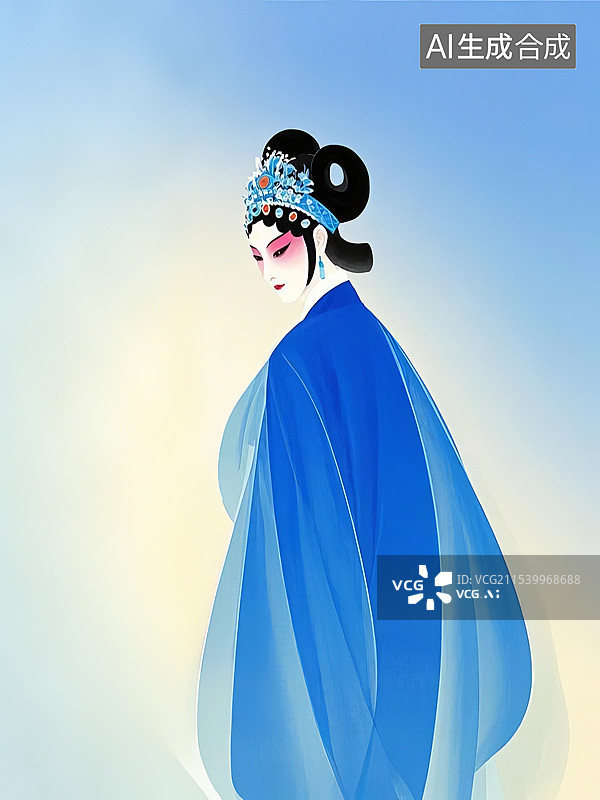 【AI数字艺术】京剧花旦，戴着精致头面，转身回头，蓝色，扁平插画图片素材