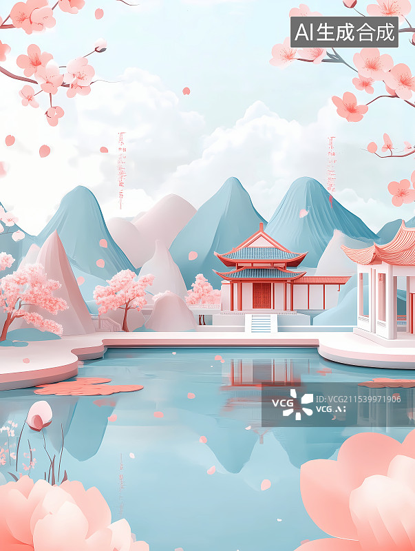 【AI数字艺术】中式园林卡通插画图片素材
