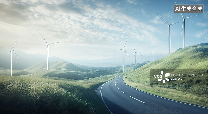 【AI数字艺术】风车山和公路图片素材