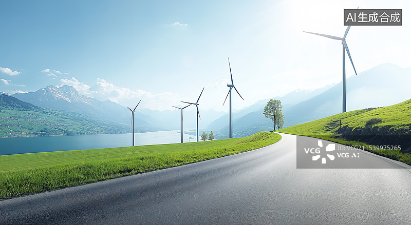 【AI数字艺术】风车山和公路图片素材