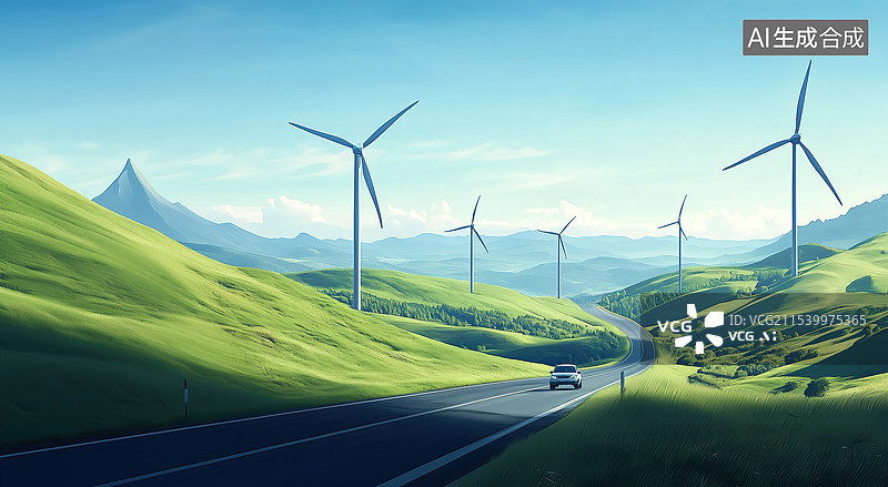 【AI数字艺术】风车山和公路图片素材
