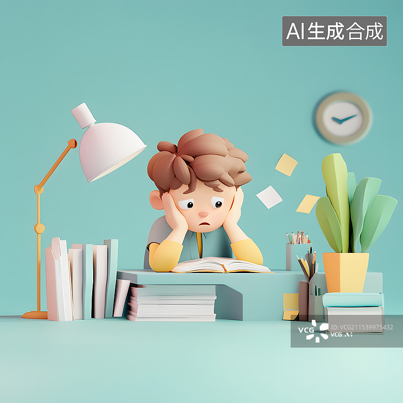 【AI数字艺术】AIGC：双手托腮的小男孩 思考 写作业 考研 插图插画图片素材