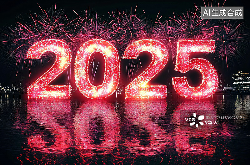 【AI数字艺术】新年烟花、炫光数字、2025、水中倒影、C4D图片素材