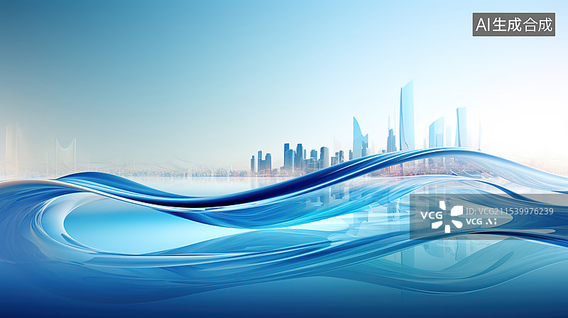 【AI数字艺术】蓝色科技感城市天际线图片素材