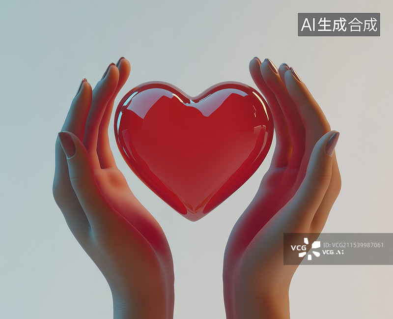 【AI数字艺术】一双手戴着白色手套，捧着一颗红色的心形物体。这可能象征着医疗保健、爱心和关怀。图片素材