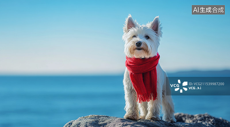 【AI数字艺术】一只可爱的白色小狗，它站在海边的岩石上，背景是广阔的蓝色海洋和晴朗的天空。小狗戴着一条鲜艳的红色围巾图片素材