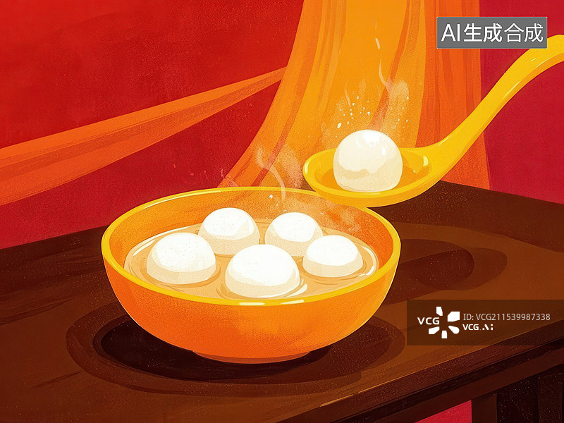 【AI数字艺术】在桌子上的碗里的汤圆的插画图片素材