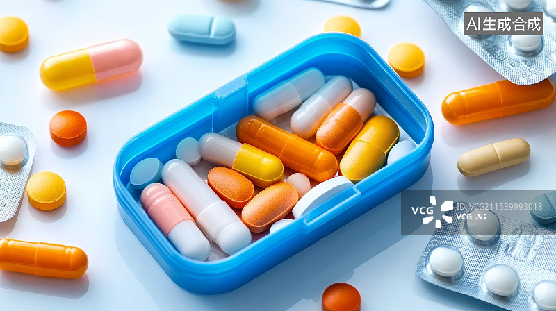 【AI数字艺术】装满药片胶囊的药盒，医疗医药概念图片素材